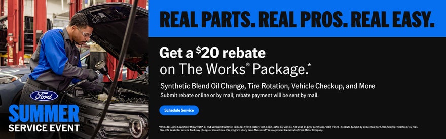 Get a $20 rebate on The Works® Package.*  Synthetic Blend Oil Change, Tire Rotation, Vehicle Checkup, and More